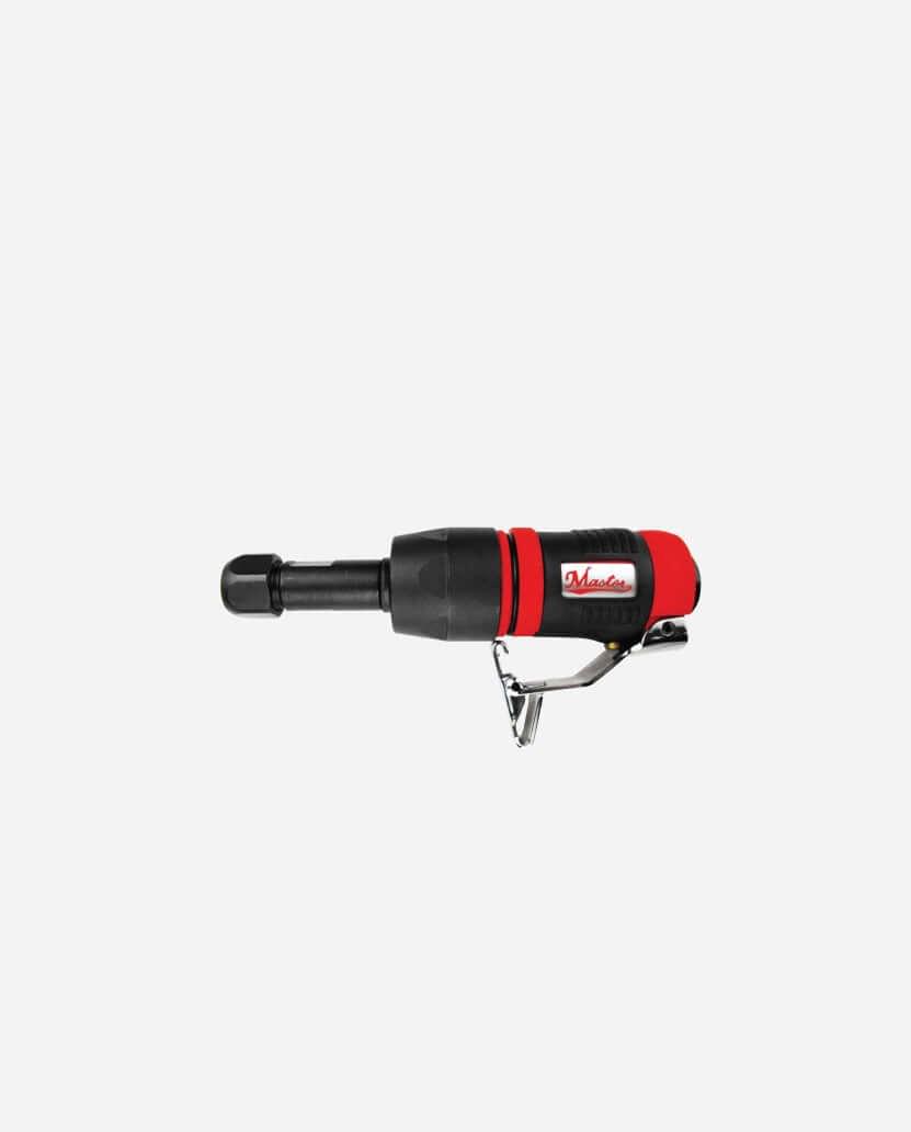 a red and black blow dryer on a white background